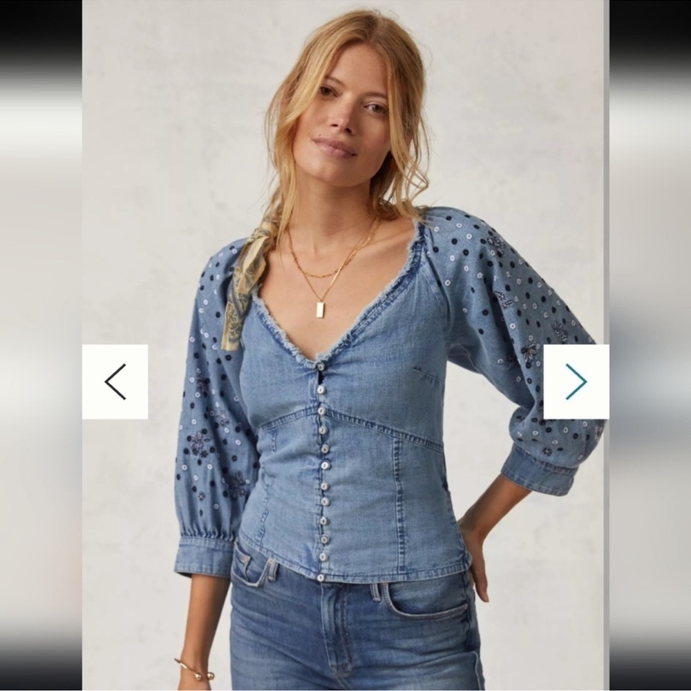 Pilcro Anthropologie Embroidered Chambray V Neck Boho Top